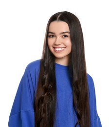 Photo of Portrait of happy teenage girl on white background