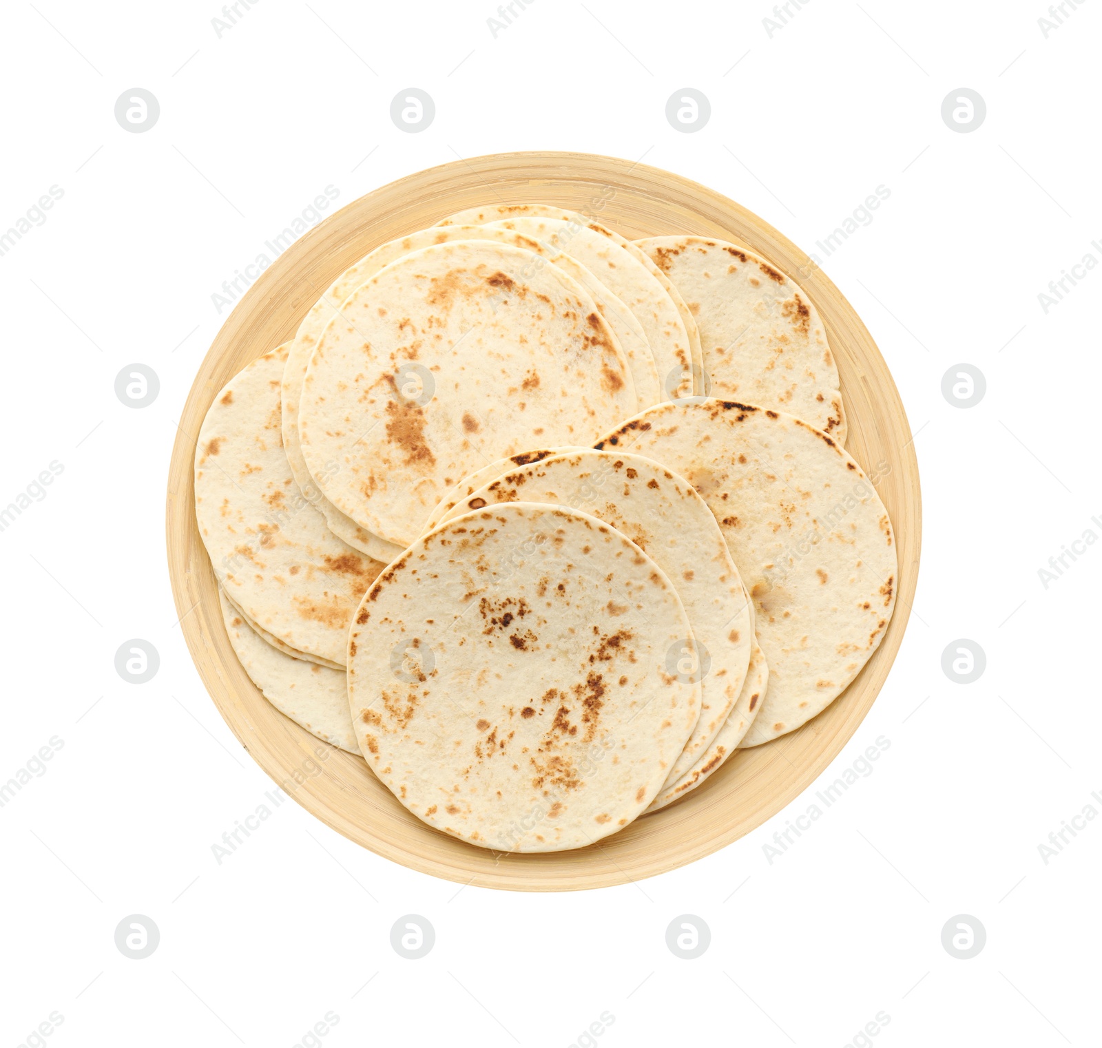 Photo of Many tasty homemade tortillas isolated on white, top view