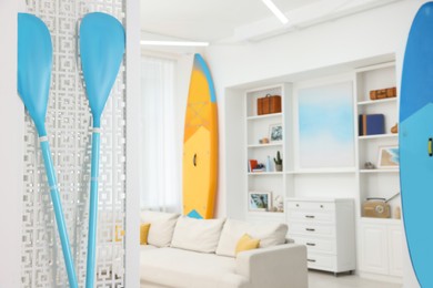 Photo of SUP boards, shelving unit with different decor elements and stylish sofa in room, focus on paddles, space for text. Interior design
