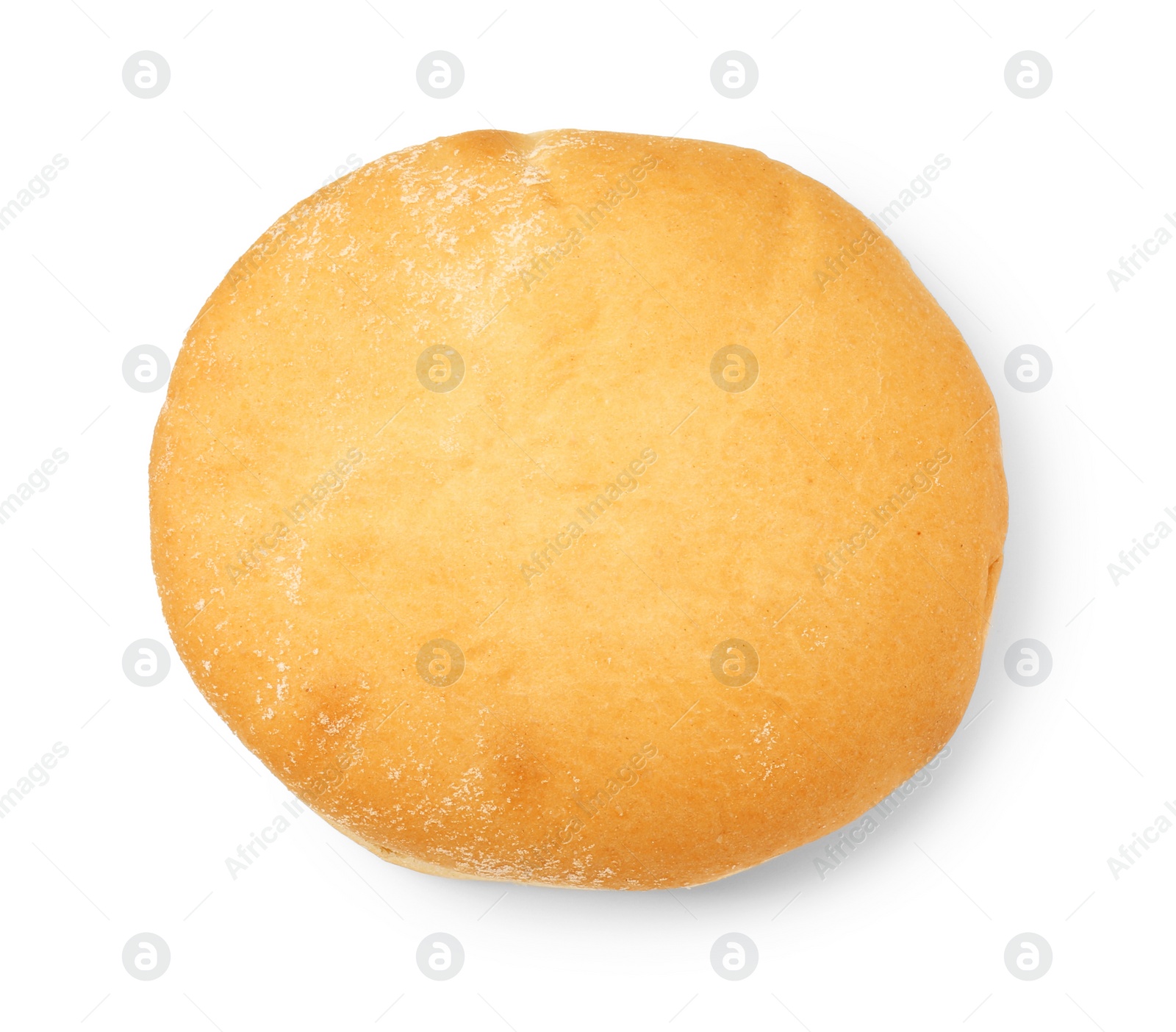 Photo of One fresh hamburger bun isolated on white, top view