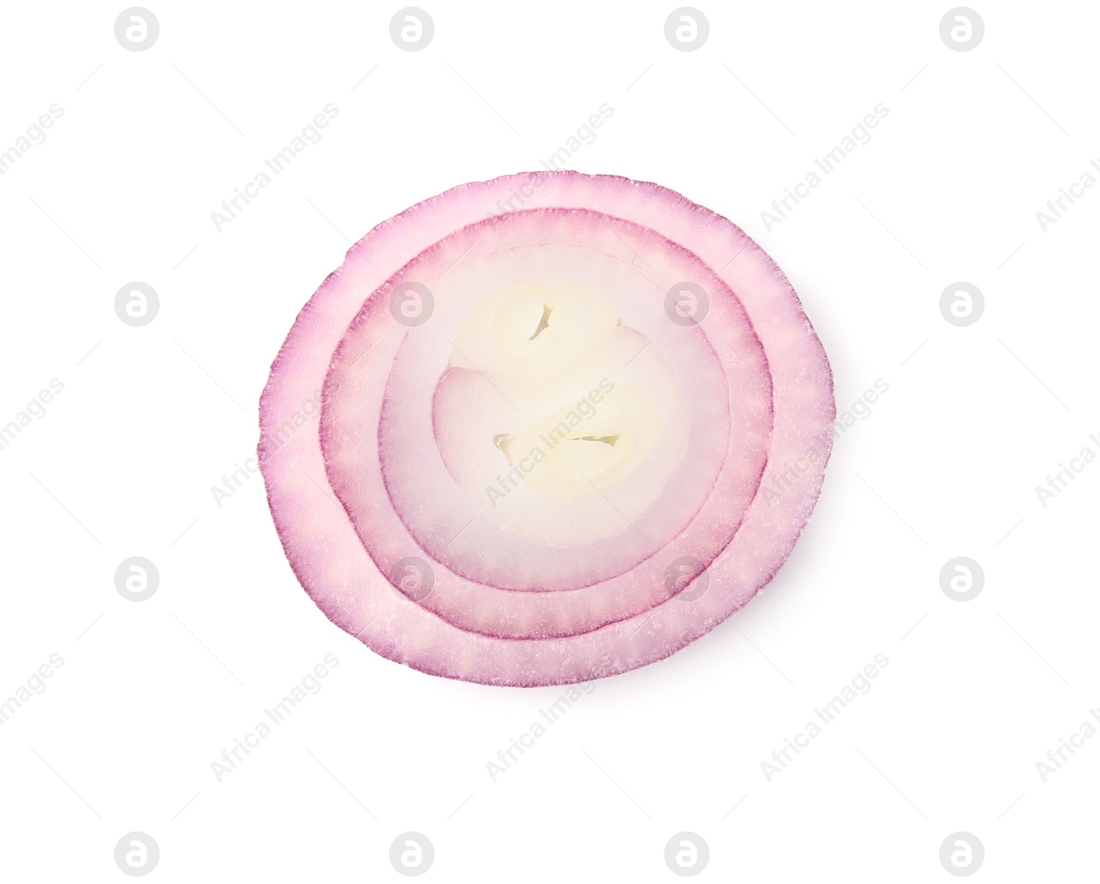Photo of Fresh slices of red onion isolated on white, top view