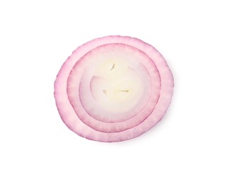 Photo of Fresh slices of red onion isolated on white, top view