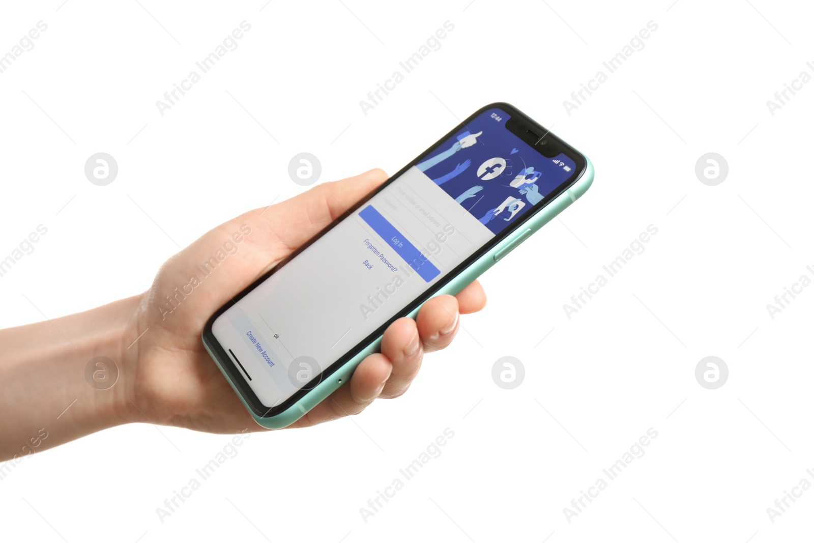 Photo of MYKOLAIV, UKRAINE - JULY 9, 2020: Woman holding  iPhone X with Facebook app on white background, closeup