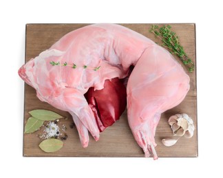 Photo of Whole raw rabbit, liver and spices isolated on white, top view