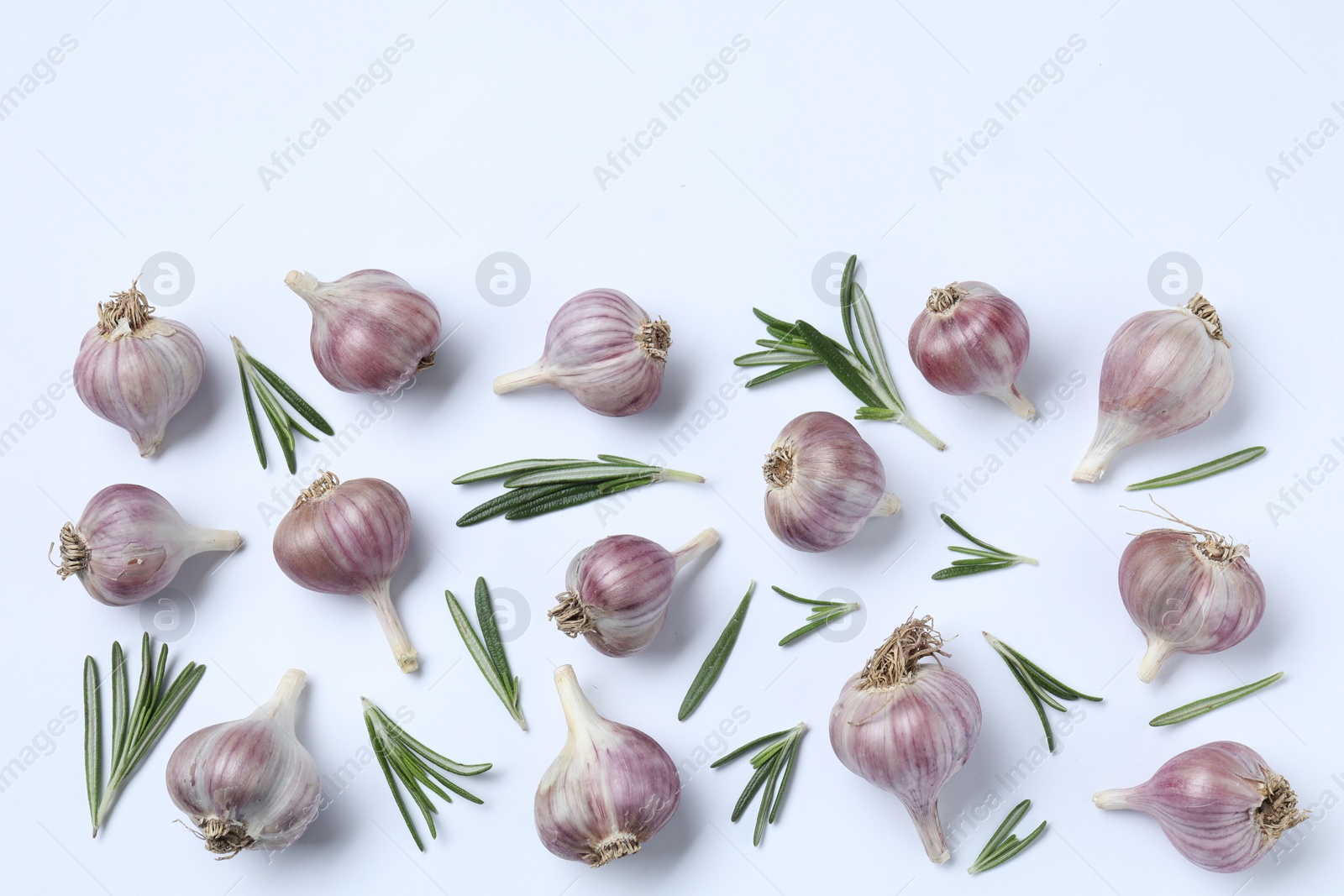 Photo of Fresh garlic and rosemary on white background, flat lay. Space for text