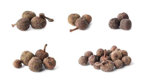 Image of Set of black peppercorns on white background