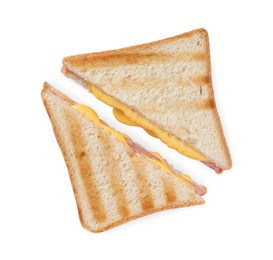 Photo of Tasty sandwiches with ham and melted cheese isolated on white, top view