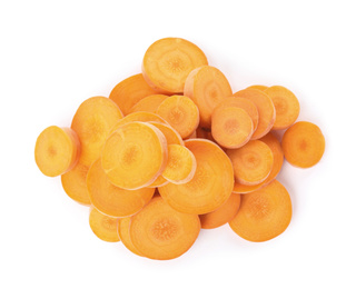 Photo of Slices of fresh ripe carrot isolated on white, top view
