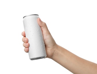 Photo of Woman holding aluminum can with beverage on white background, closeup. Space for design