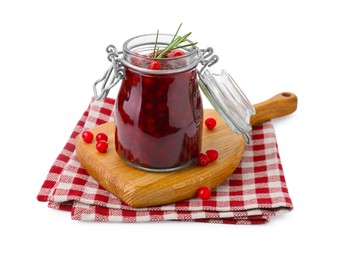 Photo of Fresh cranberry sauce in glass jar isolated on white