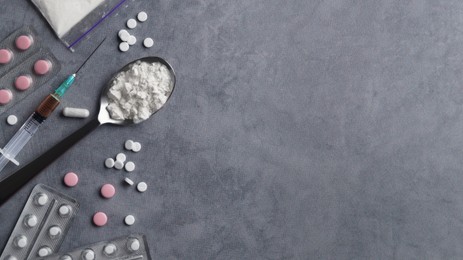 Photo of Different hard drugs on light grey table, flat lay. Space for text