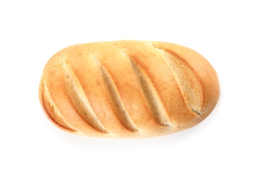 Photo of Loaf of fresh bread isolated on white, top view
