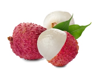 Fresh ripe lychee fruits on white background