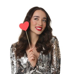 Photo of Beautiful young woman with paper heart isolated on white