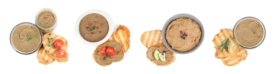 Image of Set with delicious liver pate and bread on white background, top view. Banner design