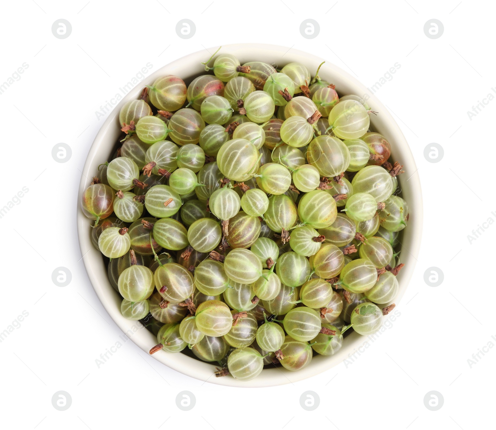 Photo of Bowl full of ripe gooseberries isolated on white, top view