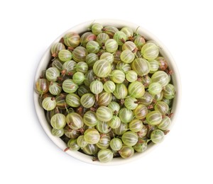 Photo of Bowl full of ripe gooseberries isolated on white, top view