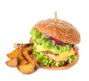 Photo of Fresh burger with fried potatoes on white background