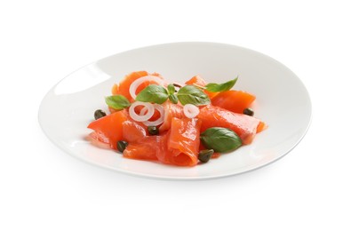 Photo of Delicious salmon carpaccio with capers, basil and onion on white background