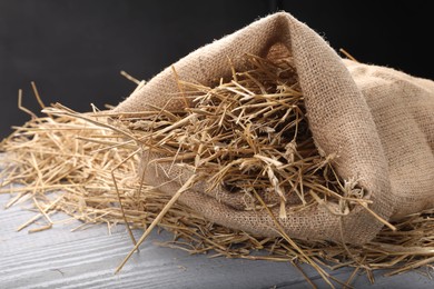 Photo of Dried straw in burlap sack on grey wooden table