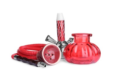 Photo of Parts of modern red hookah on white background