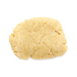 Photo of Making shortcrust pastry. Raw dough isolated on white, top view