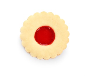 Photo of Traditional Christmas Linzer cookie with sweet jam on white background