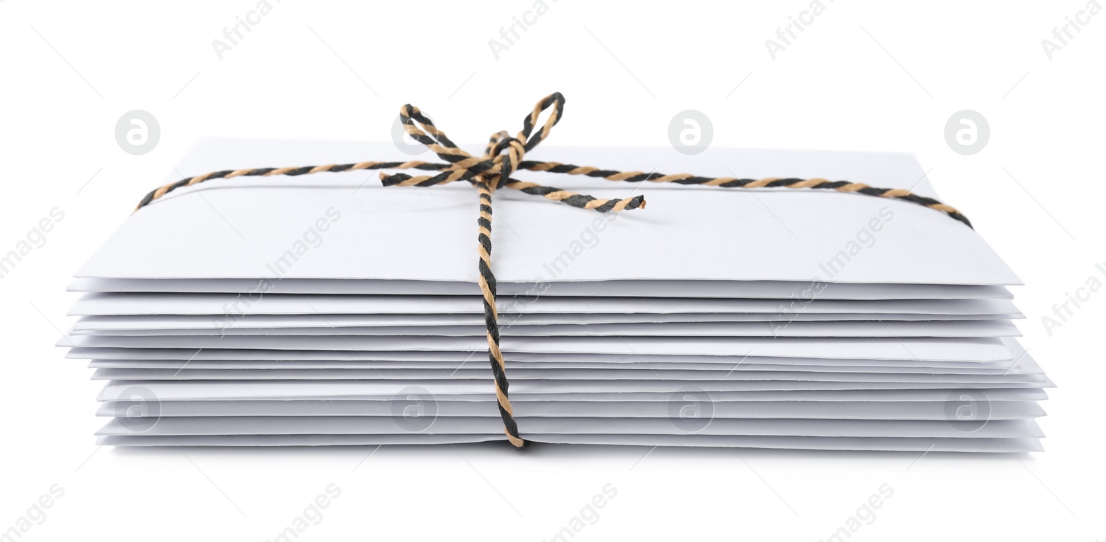 Photo of Stack of letters wrapped with rope on white background