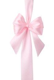 Pink satin ribbon with bow isolated on white, top view