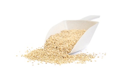 Photo of Scoop with raw quinoa on white background