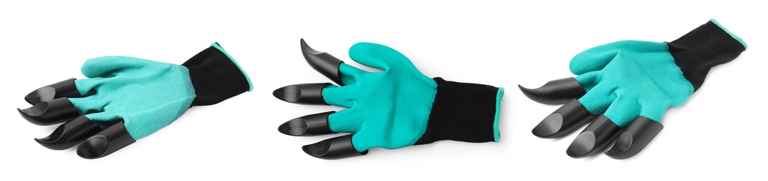 Image of Gardening glove with claws isolated on white, set