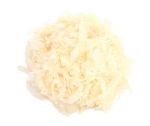 Photo of Heap of tasty sauerkraut on white background, top view