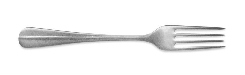Photo of One new shiny fork isolated on white, top view