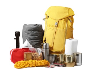 Photo of Disaster supply kit for earthquake on white background