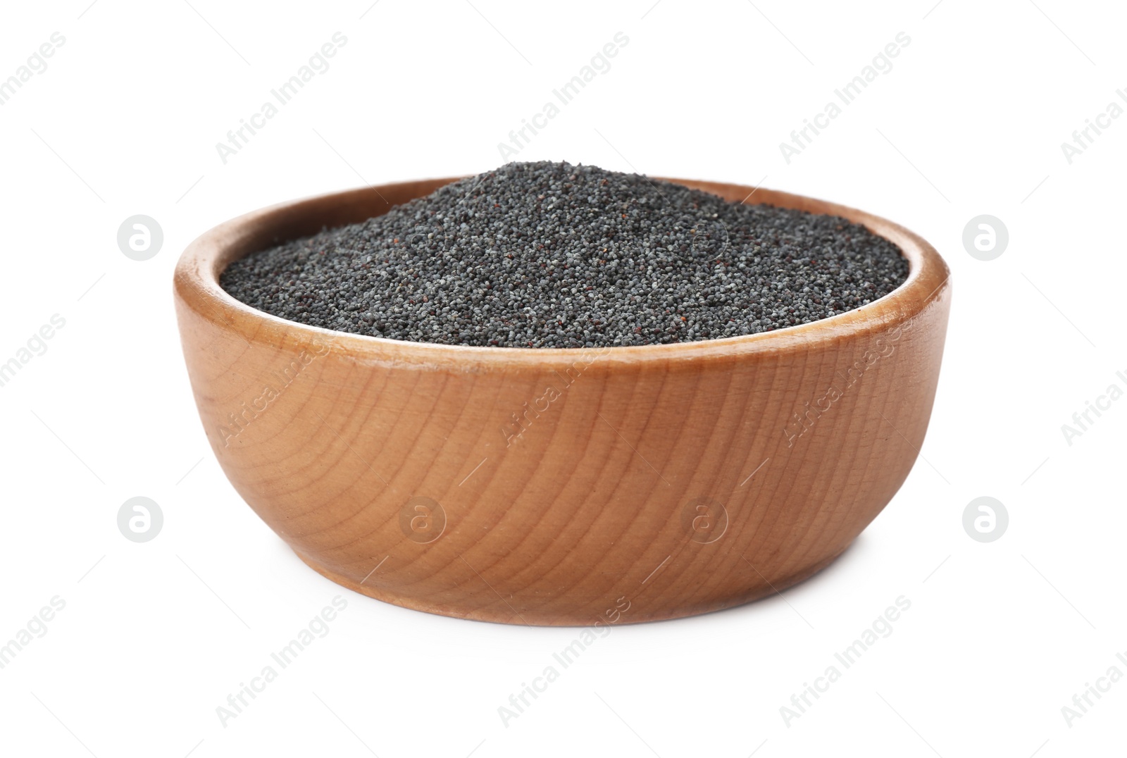 Photo of Poppy seeds in bowl isolated on white