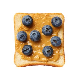 Photo of Delicious toast with peanut butter and blueberries isolated on white, top view