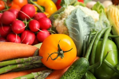 Photo of Assortment of fresh colorful vegetables, closeup. Healthy food