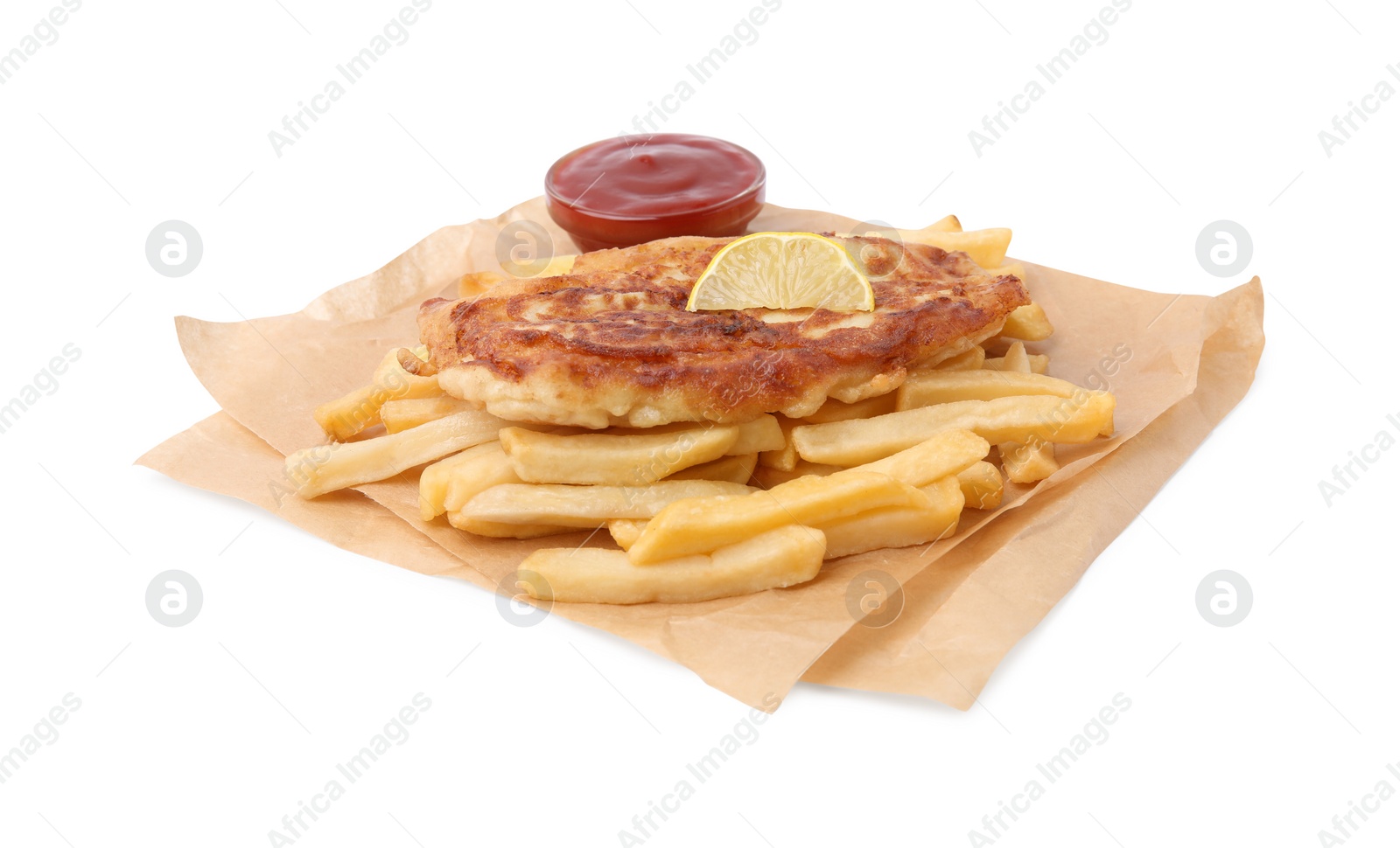 Photo of Tasty fish in soda water batter, lemon slice, potato chips and tomato sauce isolated on white