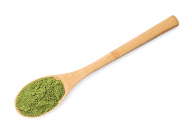 Photo of Spoon of green matcha powder isolated on white, top view