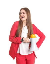 Photo of Young woman with megaphone on white background