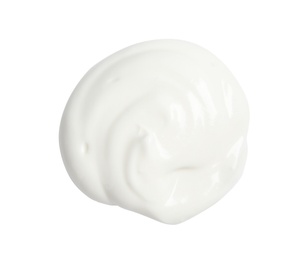 Photo of Sample of creamy yogurt on white background