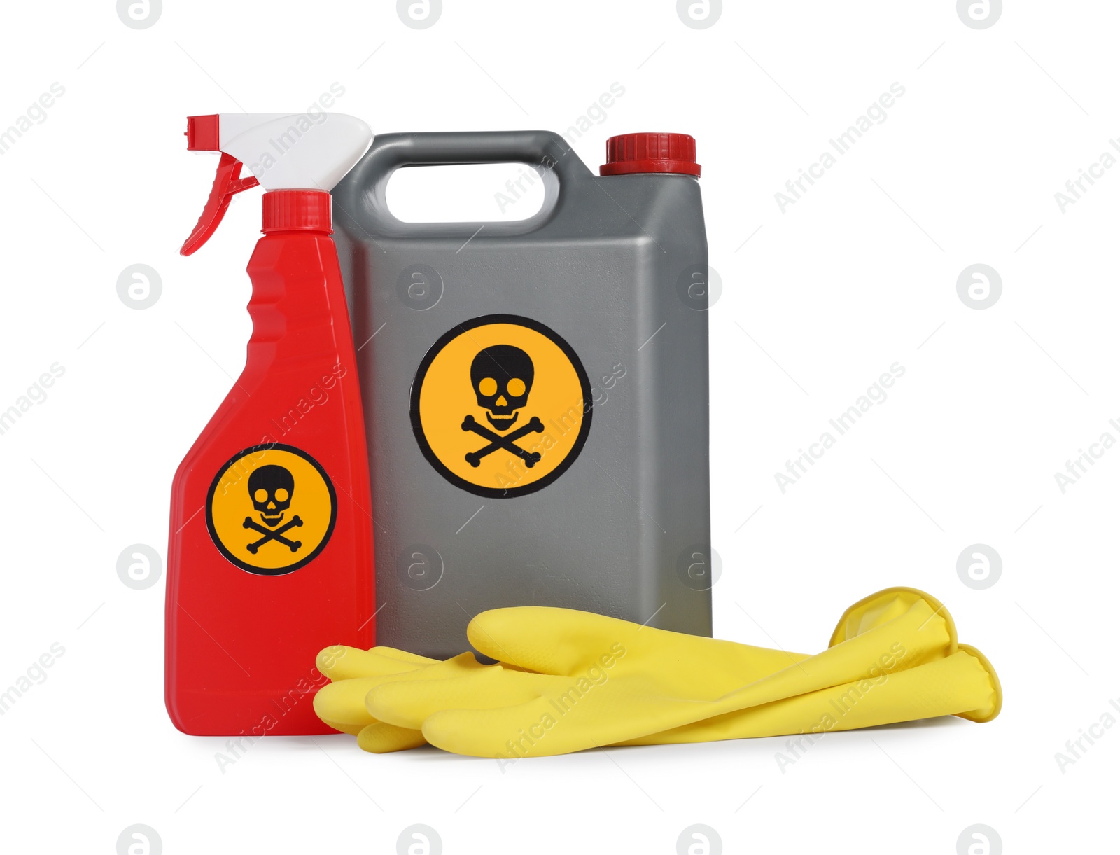 Photo of Bottles of toxic household chemicals with warning signs and rubber gloves on white background