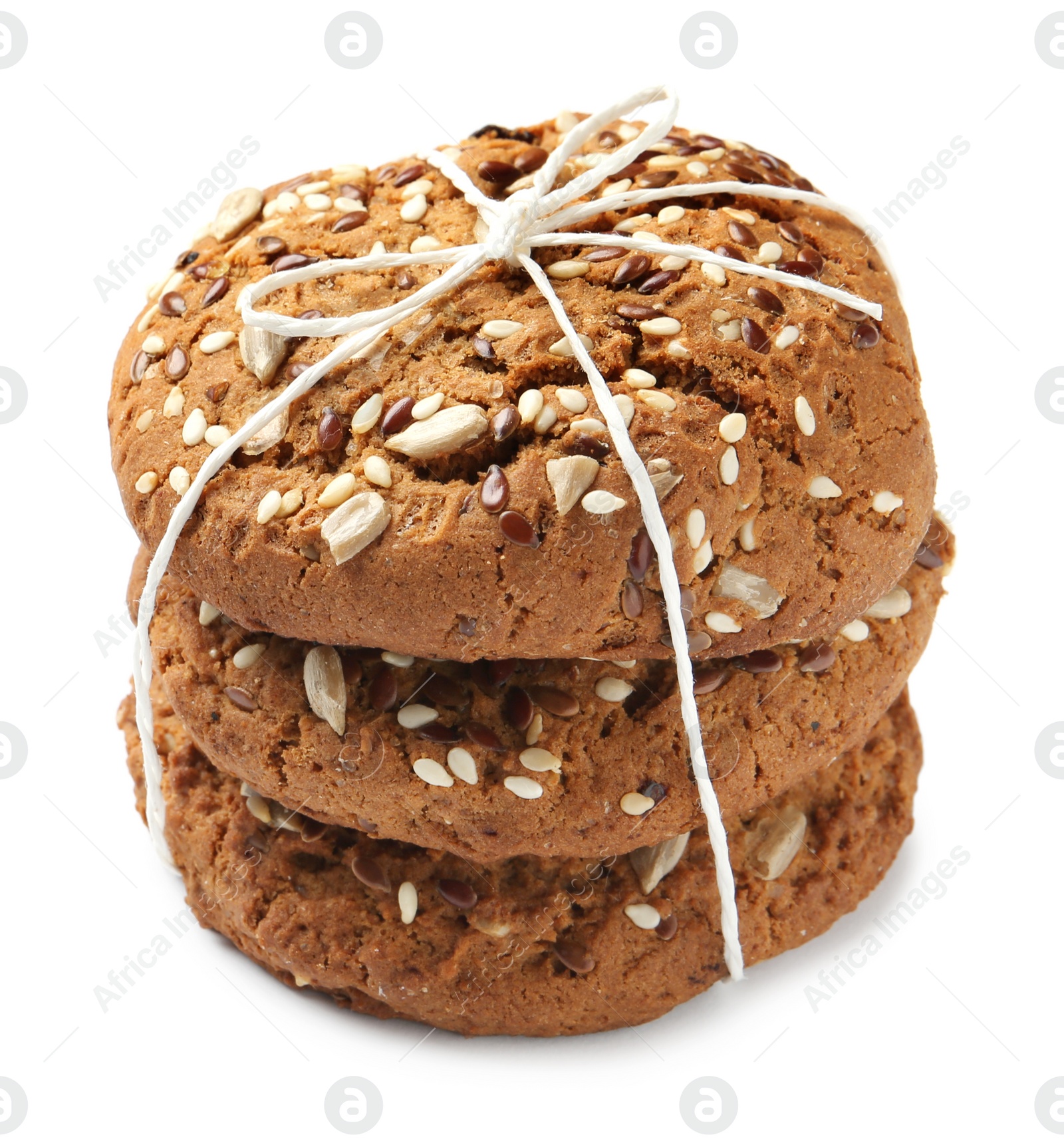 Photo of Grain cereal cookies on white background. Healthy snack