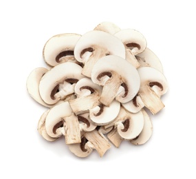 Photo of Slices of fresh champignon mushrooms on white background, top view