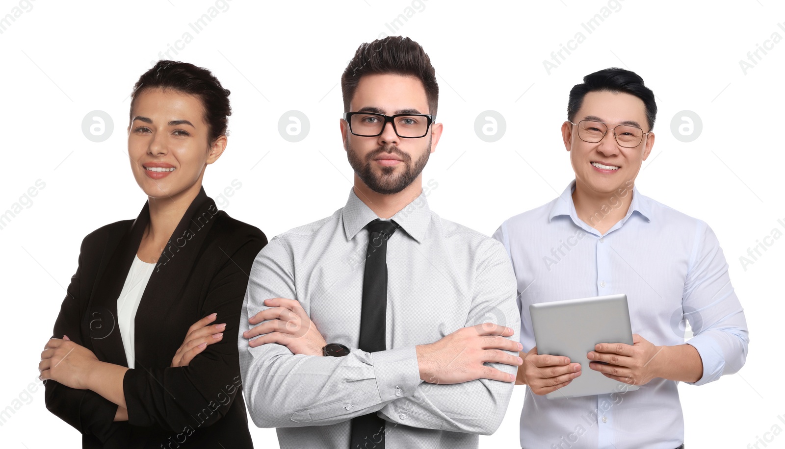 Image of Collage with photos of different businesspeople on white background, banner design