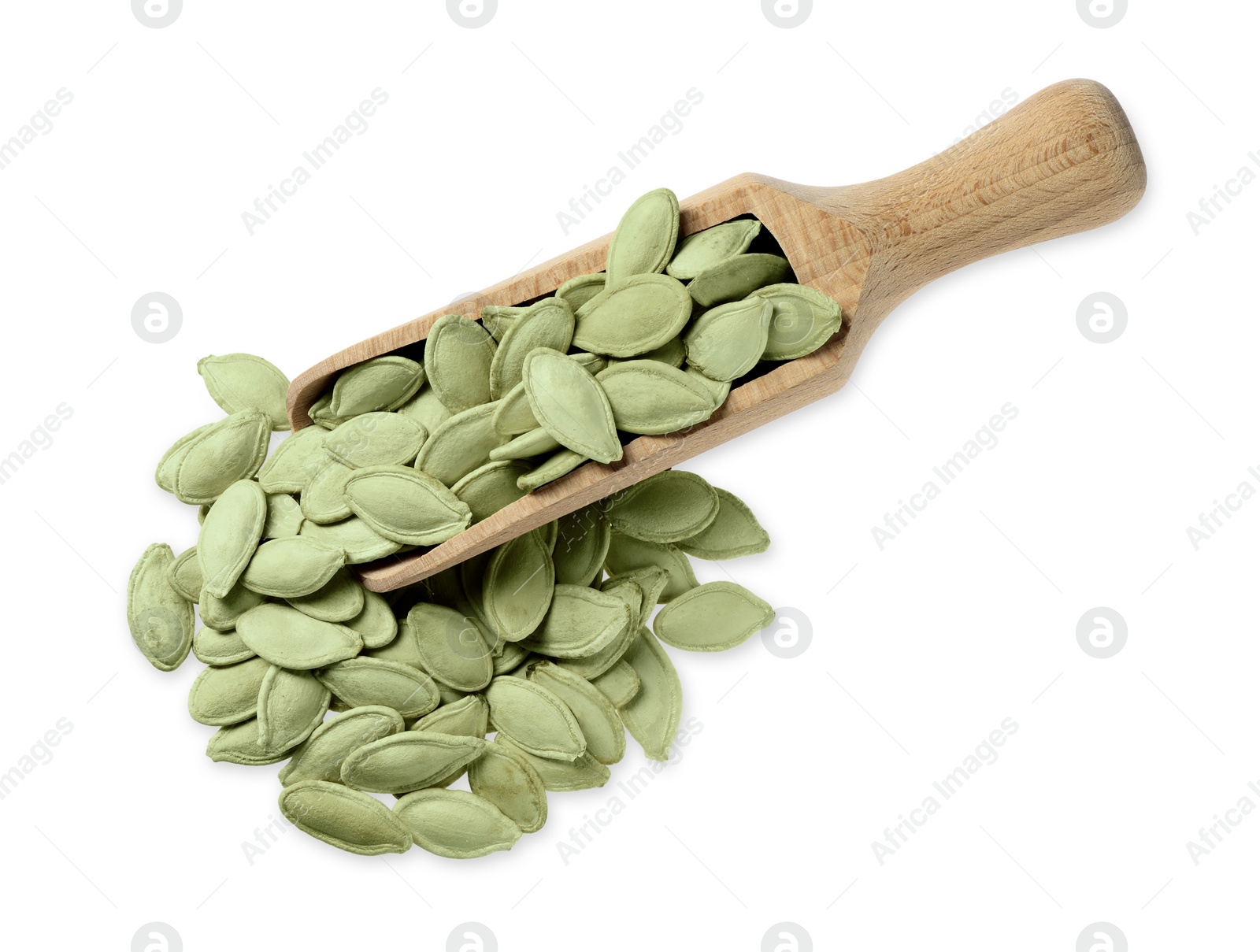 Photo of Wooden scoop with pumpkin seeds isolated on white, top view