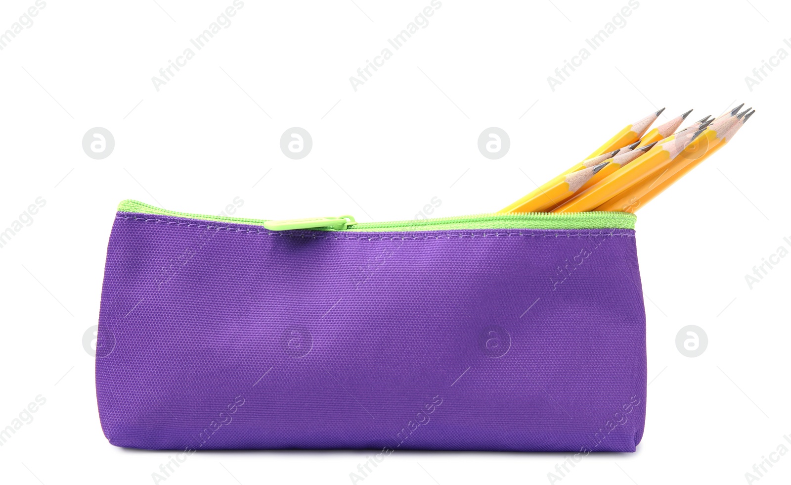 Photo of Many sharp pencils in pencil case on white background