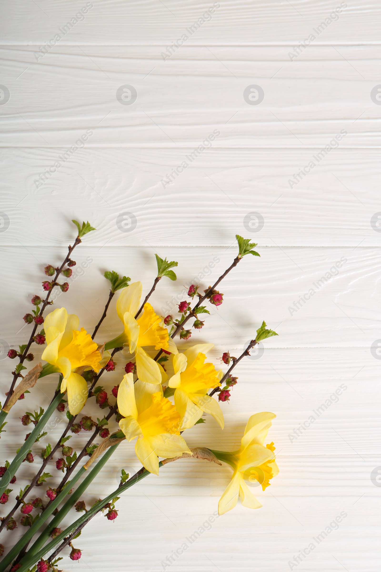 Photo of Bouquet of yellow daffodils and beautiful flowers on white wooden table, top view