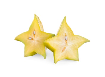 Photo of Slices of ripe carambola on white background. Exotic fruit