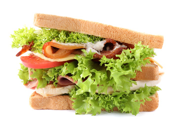 Photo of Yummy sandwich with bacon, ham and chicken isolated on white